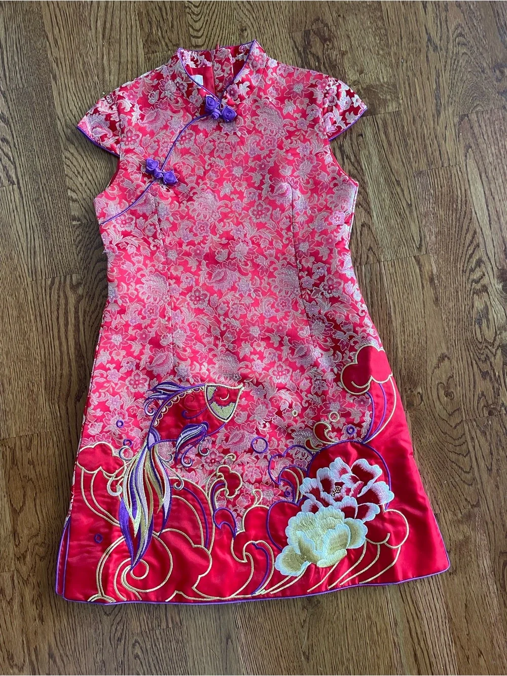 Traditional Red Floral Embroidered Girls' Qipao Dress